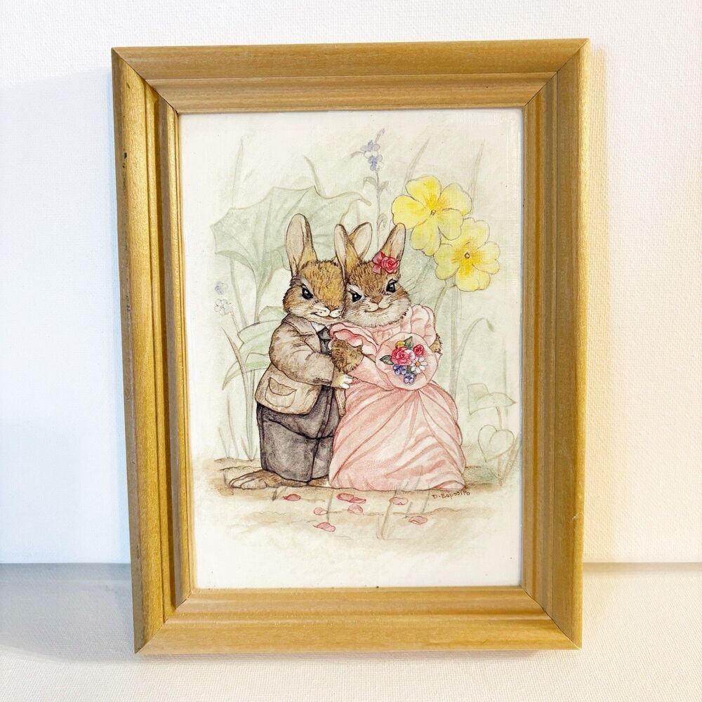D Esposito Bunny Couple Print Framed 5x7 Easter Nursery Decor Cottagecore